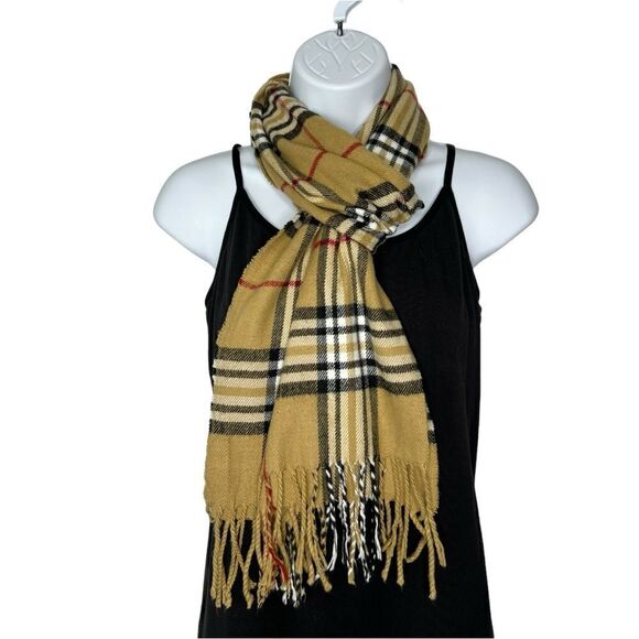 Plaid Neutral Color Fringed Flannel Scarf - Picture 1 of 3